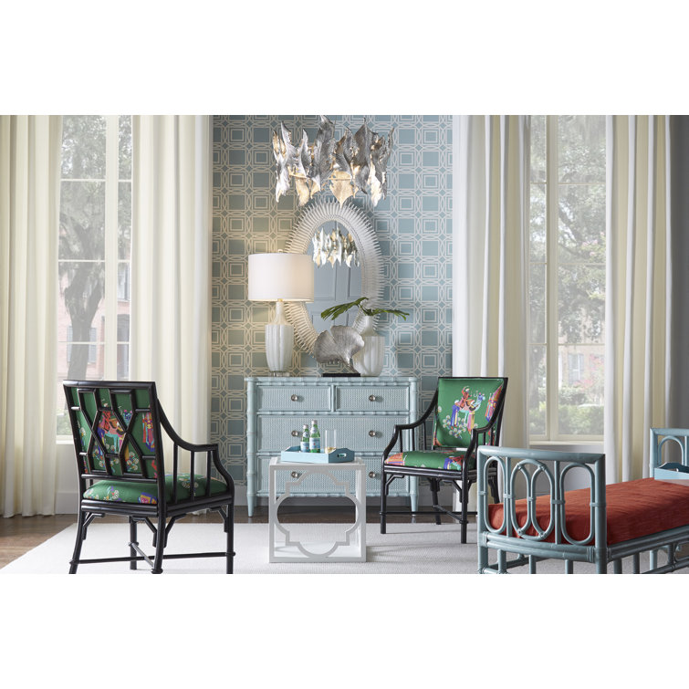 Whitewashed Yarmouth Blue Rattan Upholstered Bench