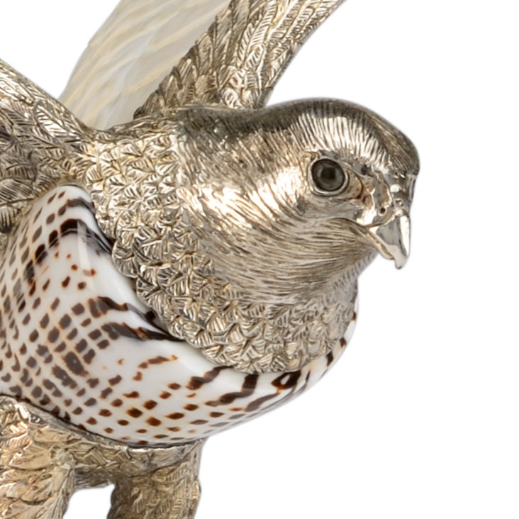 White and Green Metal Falcon Figurine with Black Base