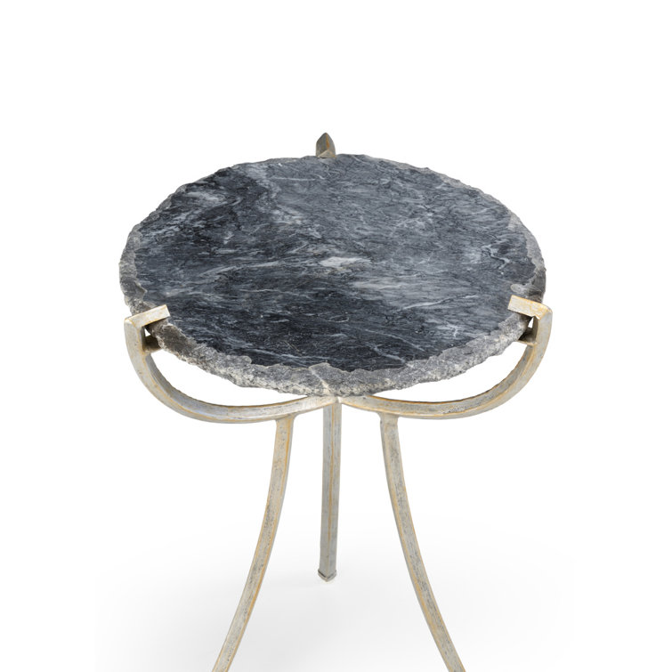 Natural Gray Round Stone and Metal End Table