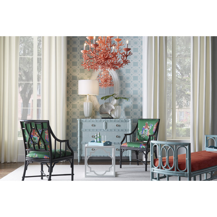 Whitewashed Yarmouth Blue Rattan Upholstered Bench