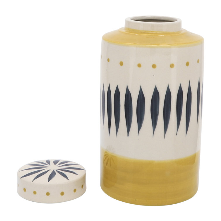 Kristie 10'' Yellow and White Hand Painted Ceramic Vase