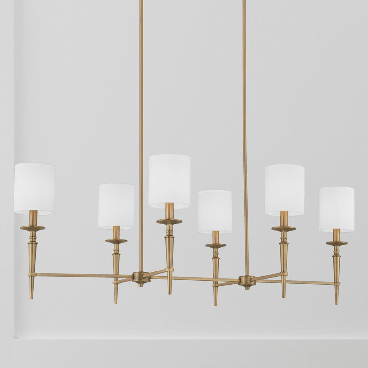 Abbie Aged Brass 6-Light Island with White Fabric Shades