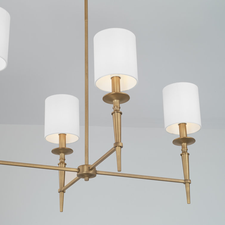 Abbie Aged Brass 6-Light Island with White Fabric Shades