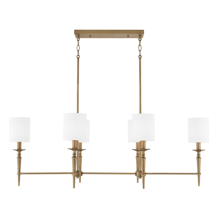Abbie Aged Brass 6-Light Island with White Fabric Shades