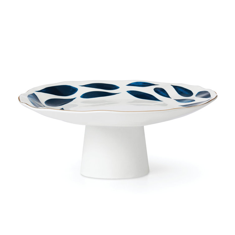 Navy Floral Ceramic Cake Stand with Gold Trim