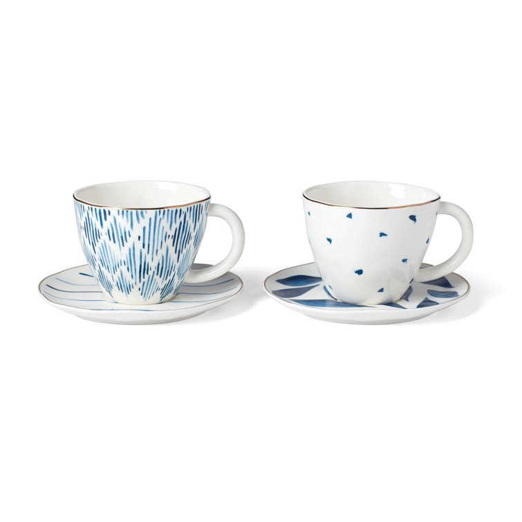 Blue Ceramic Teacup and Saucer Set, 4 Pieces