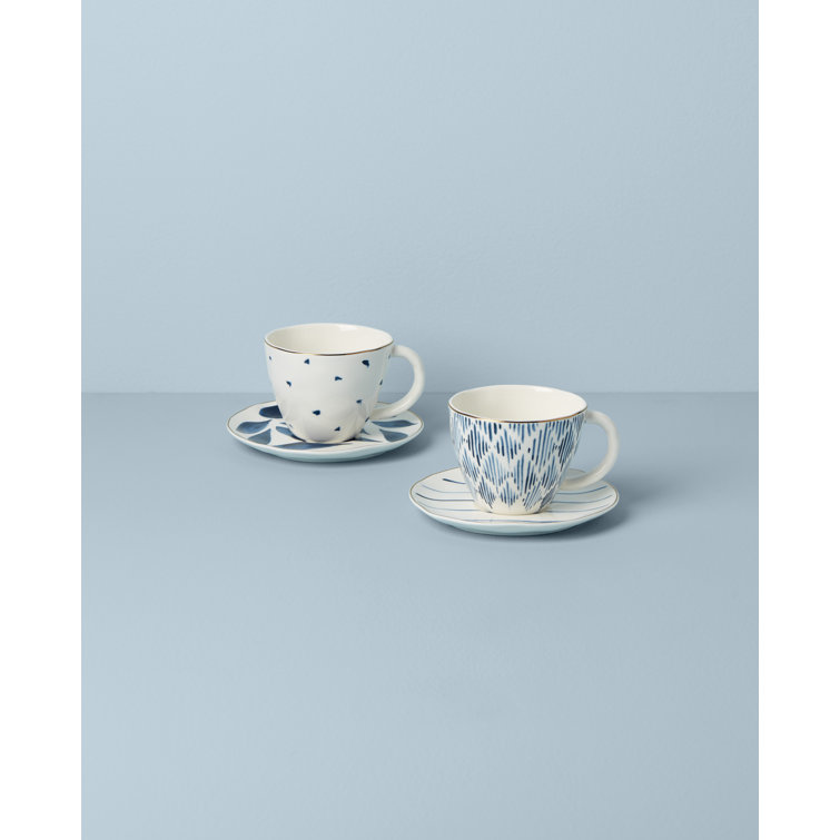 Blue Ceramic Teacup and Saucer Set, 4 Pieces