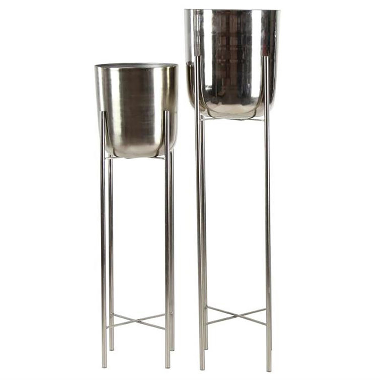 Elegant Silver Metal Dome Planters with X-Base Stand, Set of 2