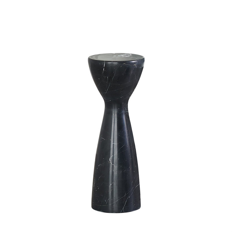 Sleek Round Black Marble & Wood Tower Table - 22" Height
