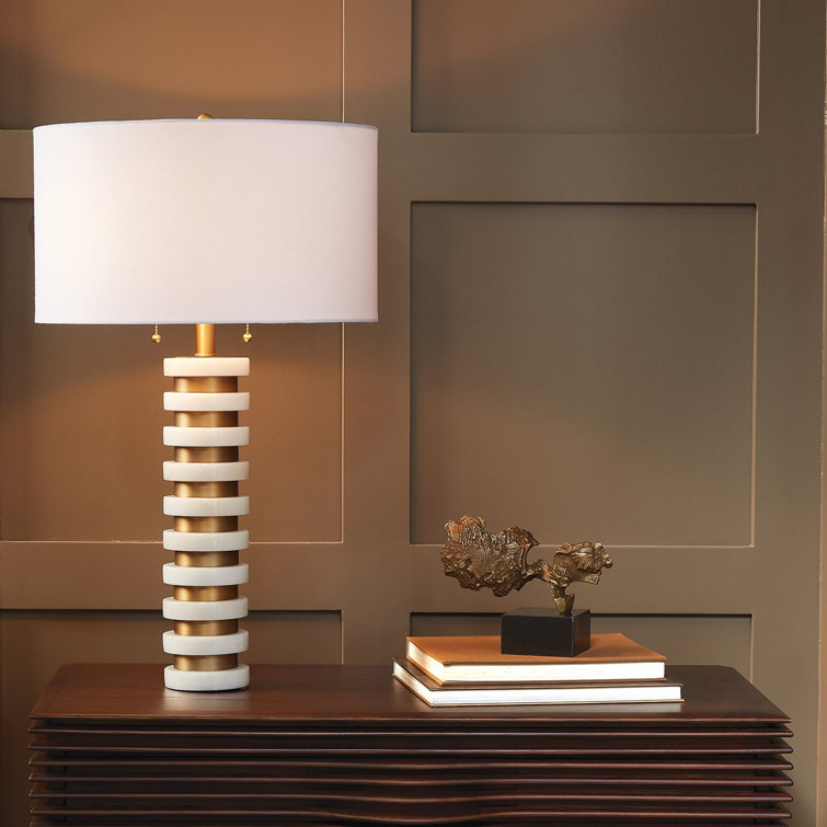 Elegant White Marble & Brass Table Lamp with Linen Shade