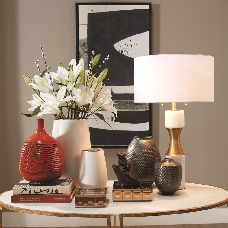 Elegant Brass and White Marble Dual-Light Table Lamp with Linen Shade