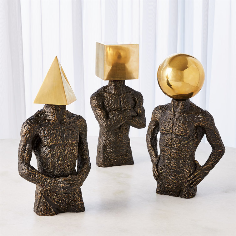 Sphere Hero-Bronze Cast Iron with Brass Geometric Head Sculpture