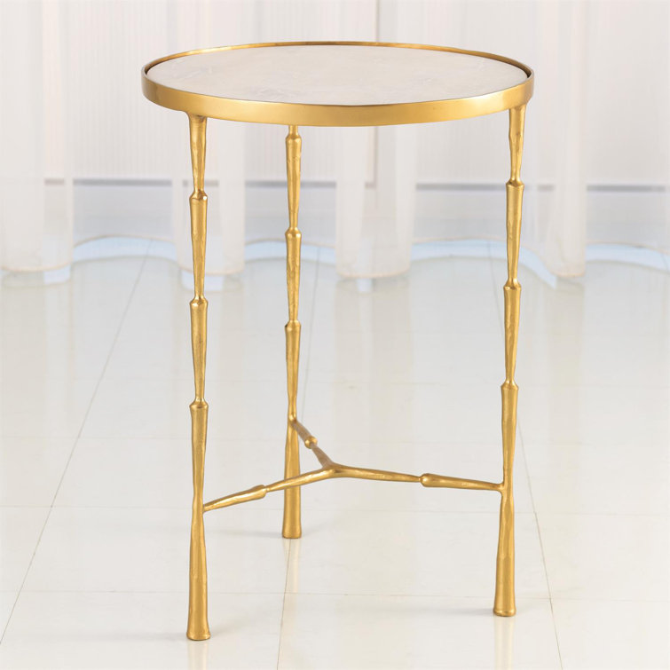 Antique Brass and White Marble Round Side Table, 17"x24"