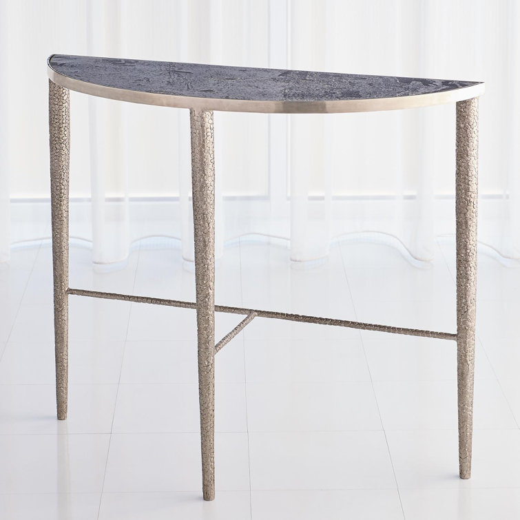 Antique Nickel Hammered Demilune Console with Grey Marble Top