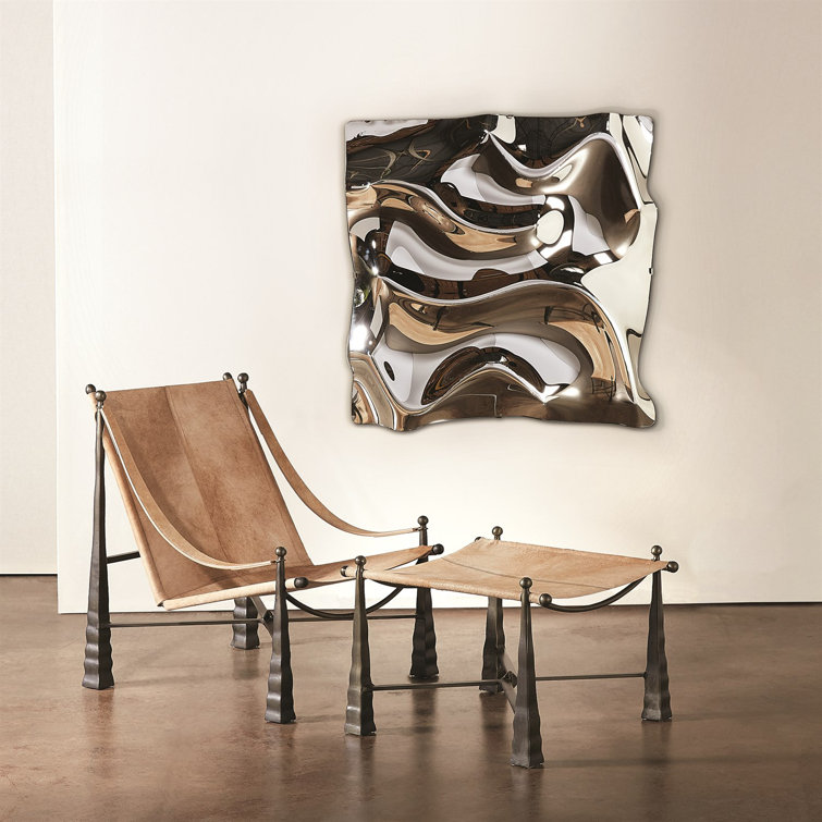 Camel Black Genuine Leather Metal Ottoman in Dark Bronze