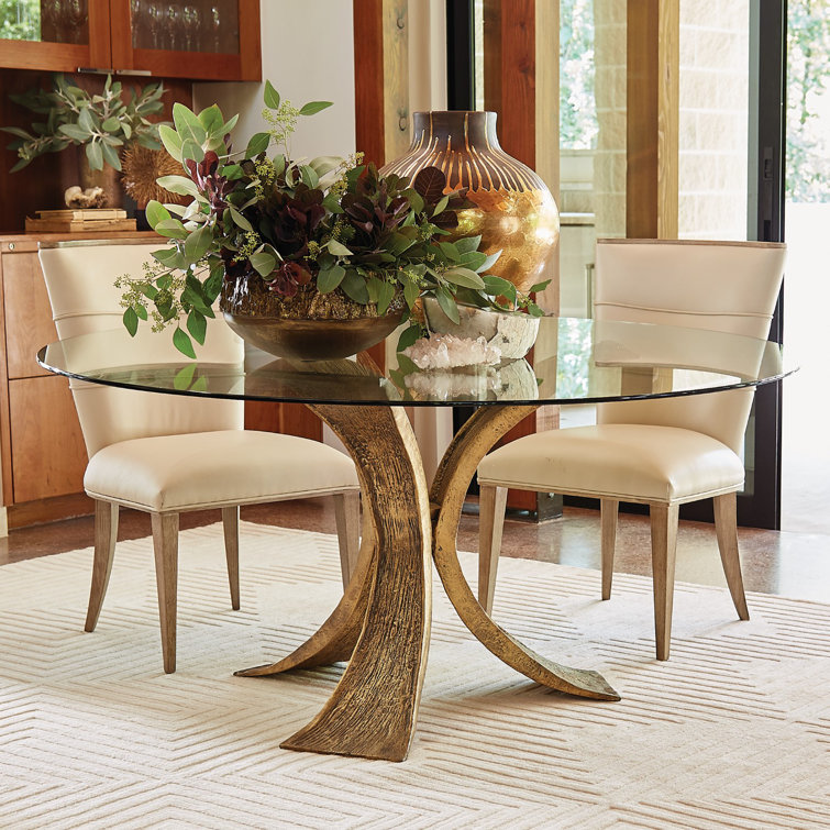 Elegant Lotus Round Glass Dining Table with Textured Cast Iron Base