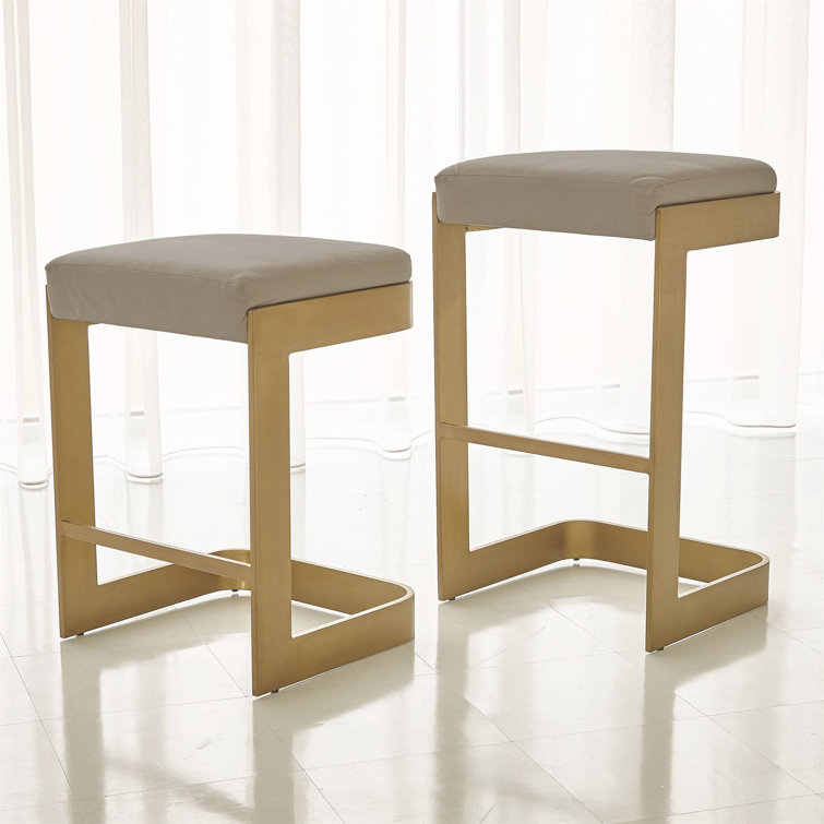 Elegant Ivory Leather Counter Stool with Antique Brass Base