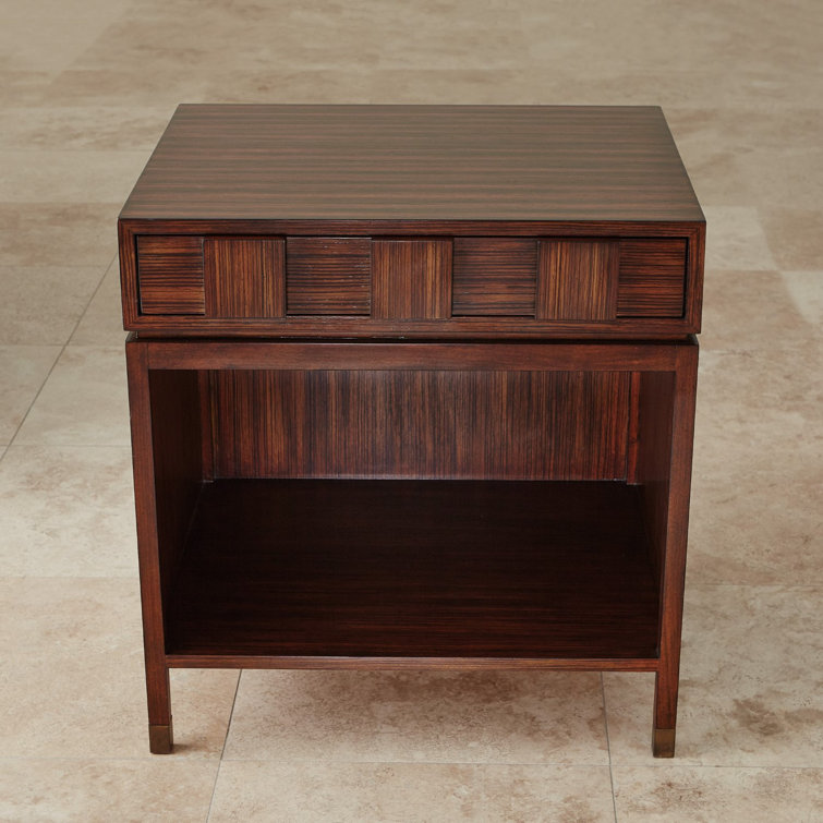 Quad Block Walnut Bedside Table with Brass Accents