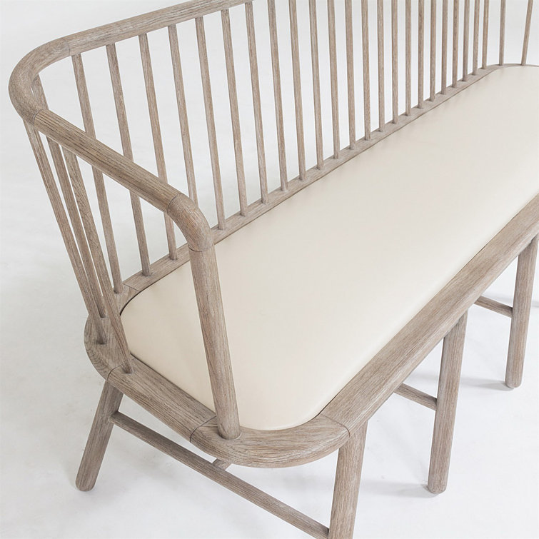 Beige Genuine Leather Beechwood Spindle Long Bench