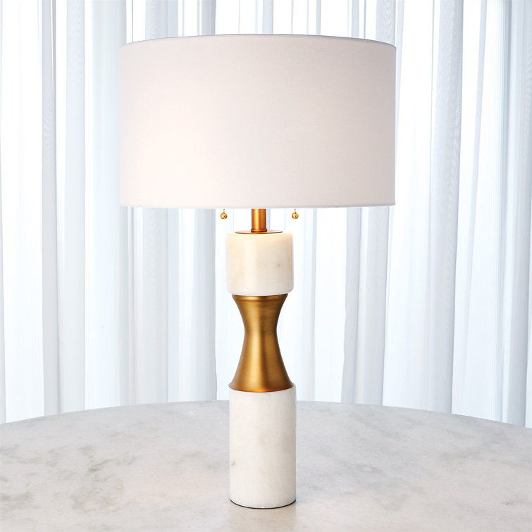Elegant Brass and White Marble Dual-Light Table Lamp with Linen Shade