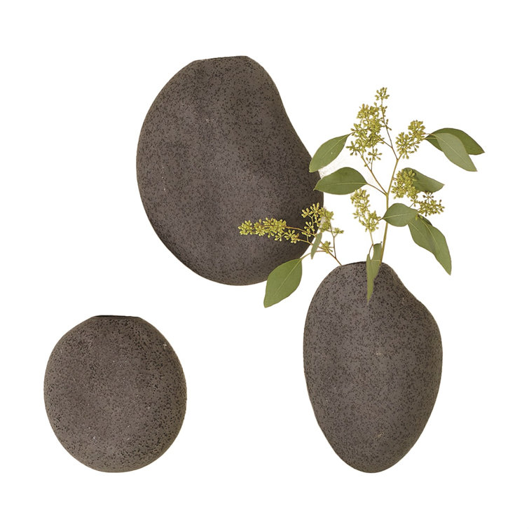 Transitional 3-Piece Black Ceramic Pebble Wall Vase Set
