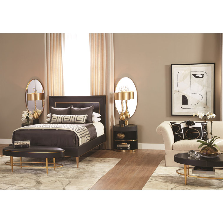 Ellipse Queen Bed with Black Leather Upholstery and Oak Accents