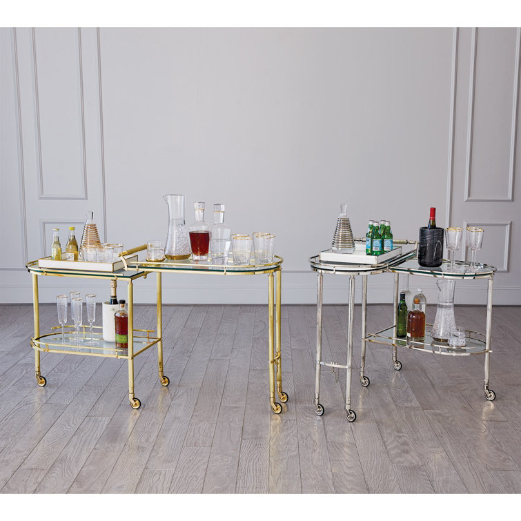 Elegant Curved Glass & Nickel Gallery Bar Cart with Wine Rack