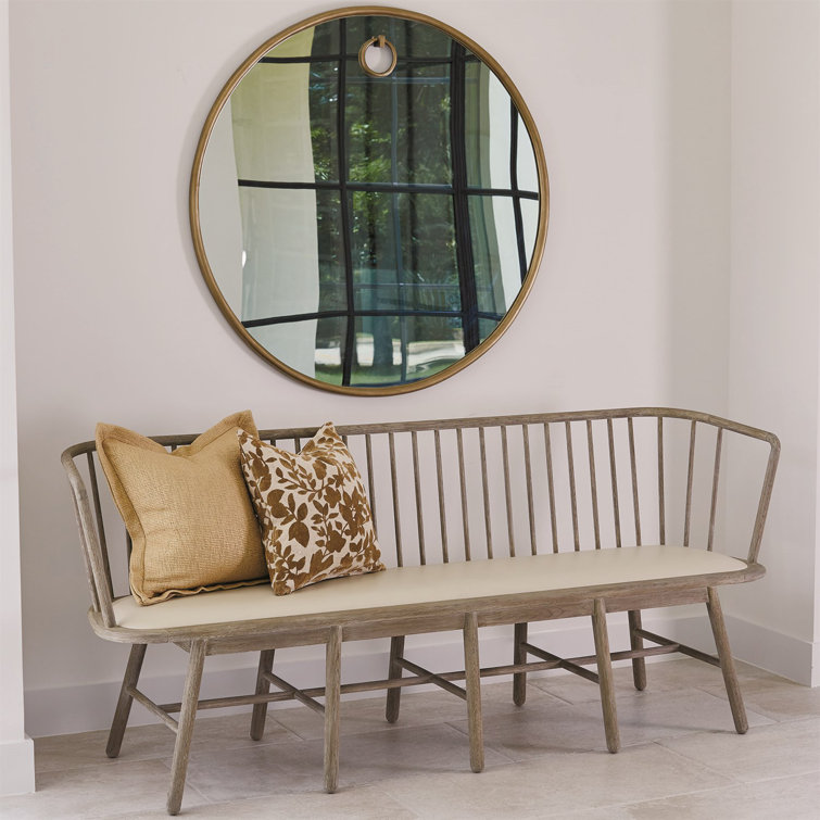 Beige Genuine Leather Beechwood Spindle Long Bench