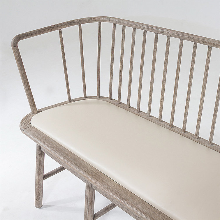 Beige Genuine Leather Beechwood Spindle Long Bench