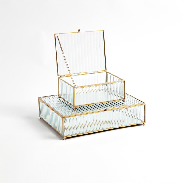 Large Clear Reeded Glass and Brass Lidded Box