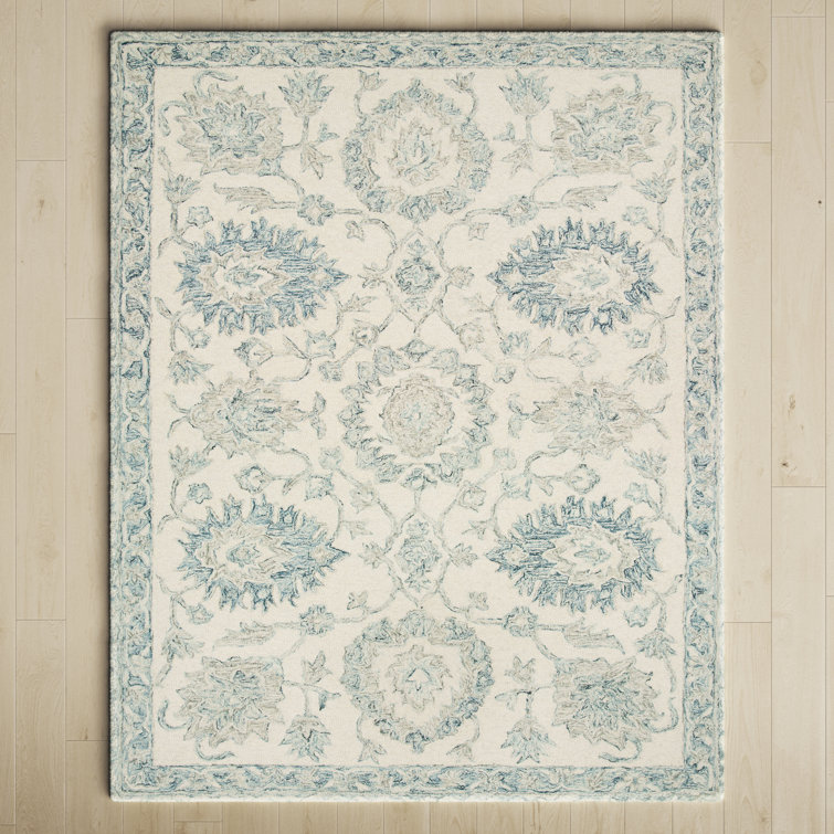 Ivory Blue Oriental Handmade Wool Area Rug - 3'6" x 5'6"