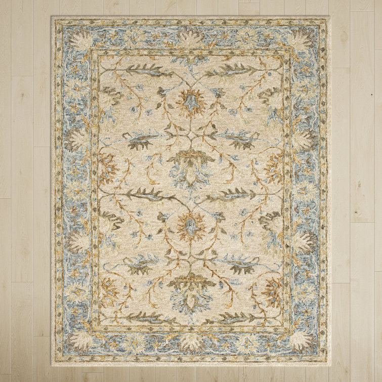 Handmade Beige and Blue Wool 9' x 12' Oriental Rug