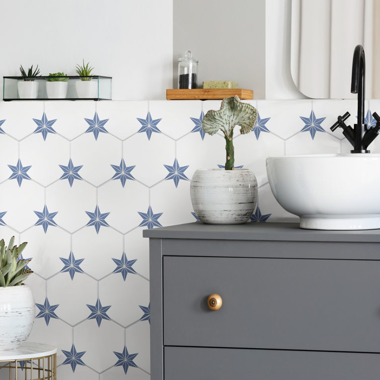 Stella Hex White and Blue Porcelain Floor and Wall Tile