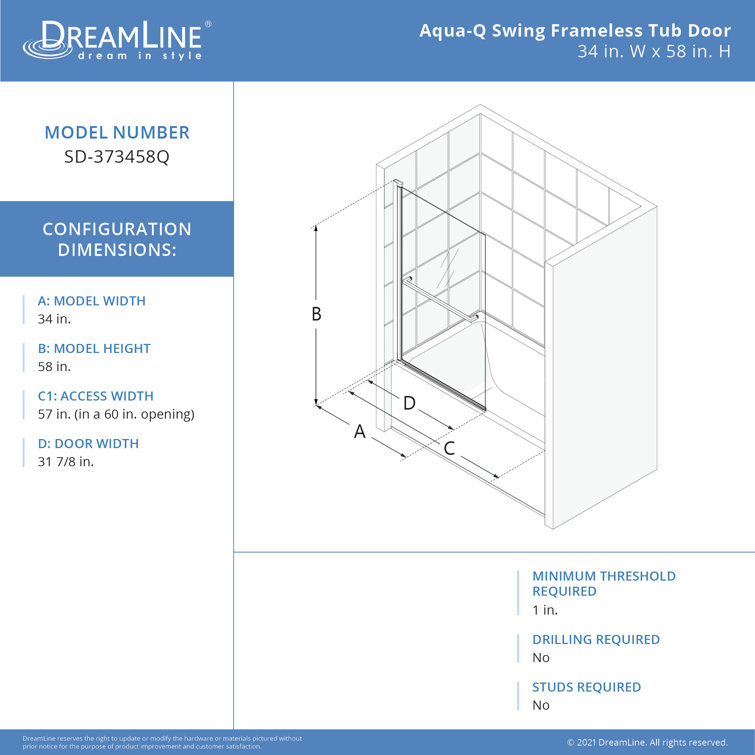 Aqua-Q 58" Frameless Swing Tub Door in Brushed Nickel