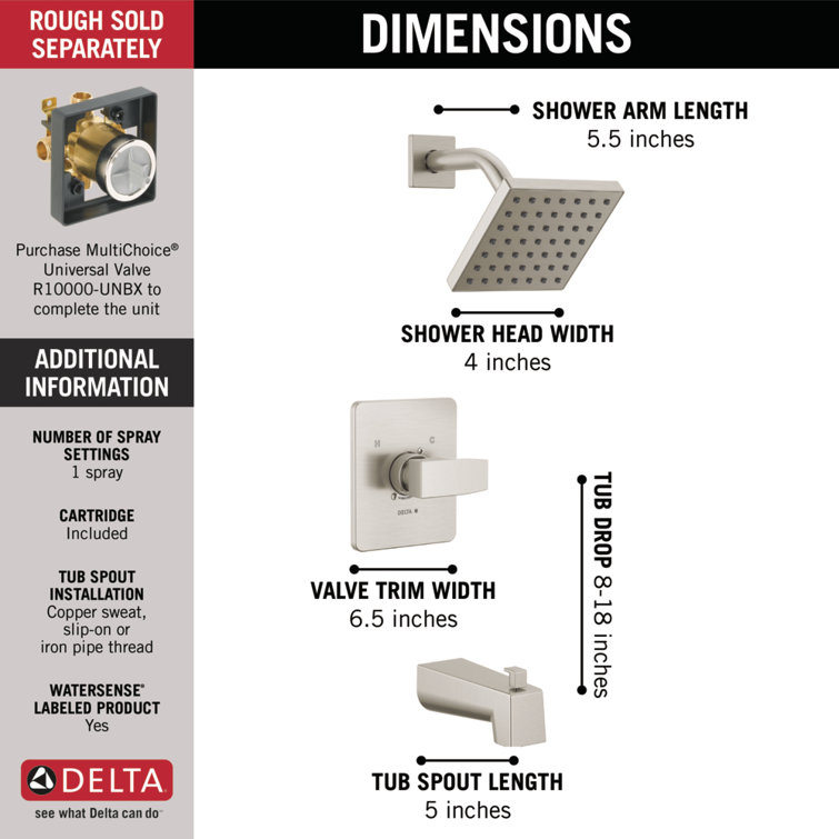 Stainless Steel Square Wall Mounted Tub and Shower Trim Kit