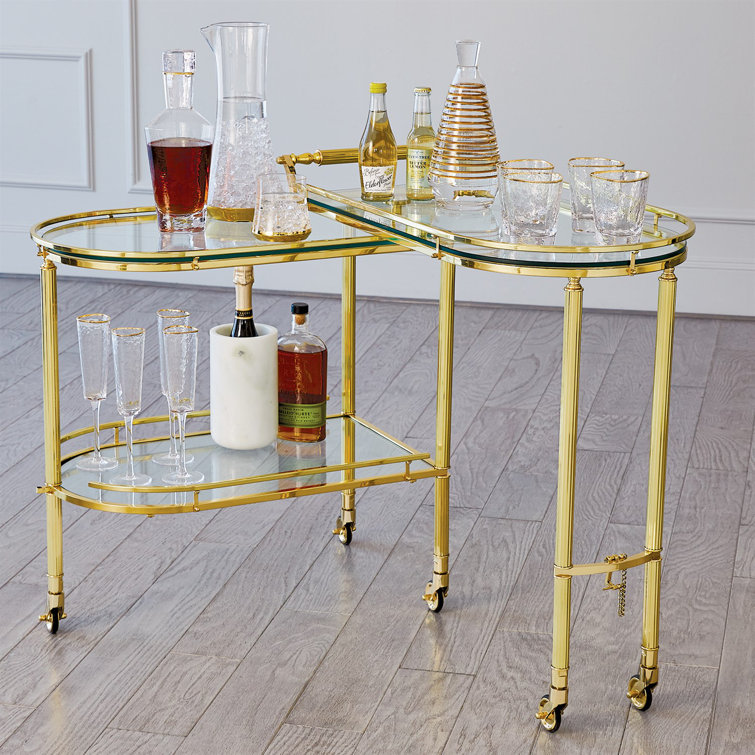 Shiny Brass and Glass Folding Bar Cart with Storage