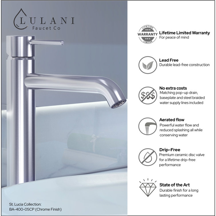 Lulani Chrome Single Hole Bathroom Faucet with Drain Assembly