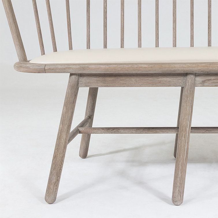 Beige Genuine Leather Beechwood Spindle Long Bench