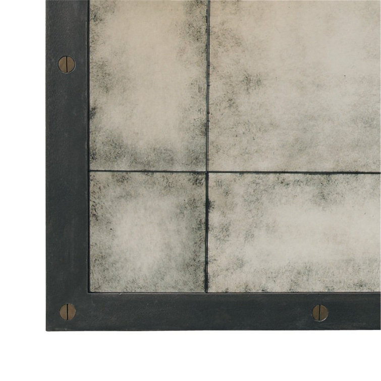 Aged Grey Rectangular Industrial Mirror with Brass Accents