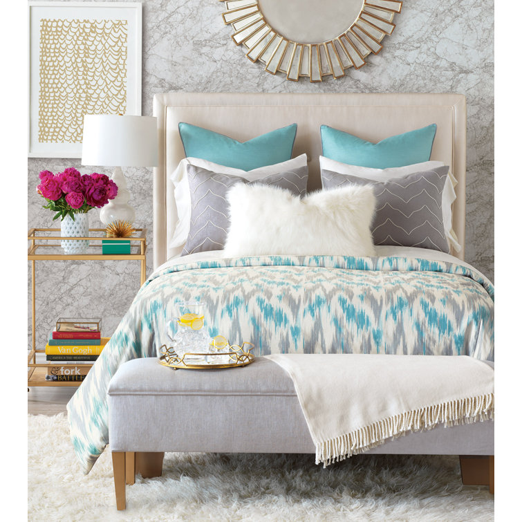 Queen Blue and Gray Cotton Ikat Duvet Cover Set