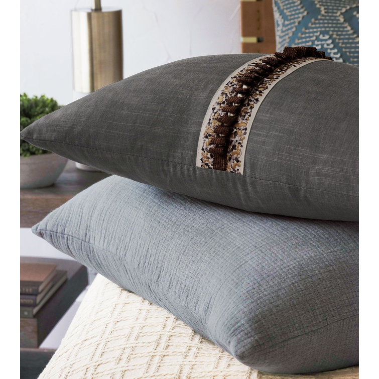 Taupe Rectangular Cotton Blend Lumbar Pillow with Embroidered Trim
