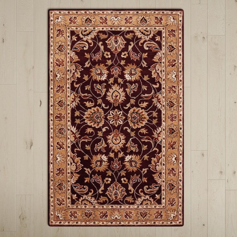 Handmade Round Burgundy and Gold Wool Area Rug