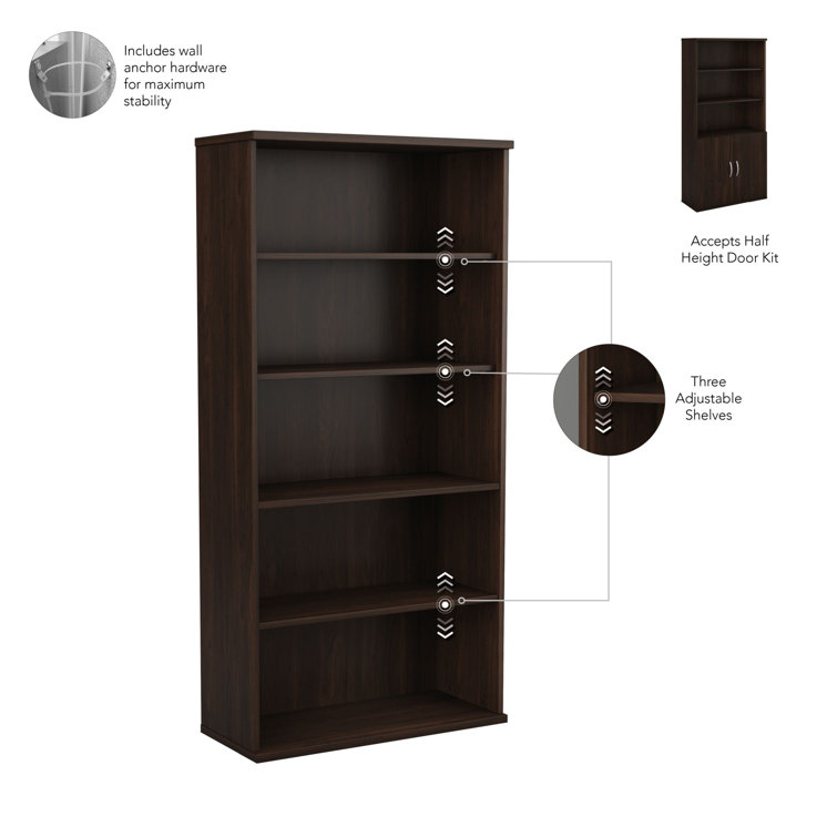 Adjustable Black Walnut 5 Shelf Tall Bookcase