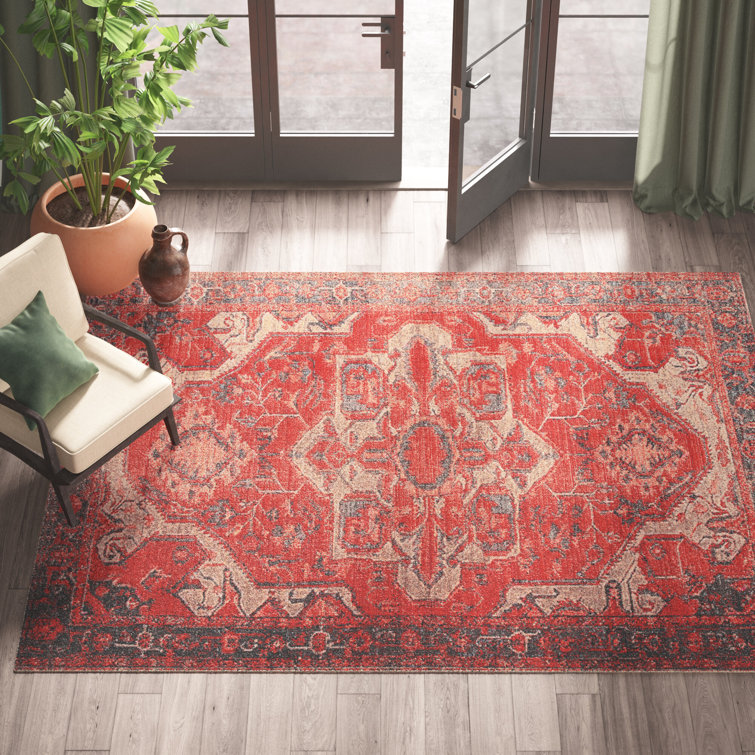Red and Beige Stain-Resistant Synthetic Rectangular Rug