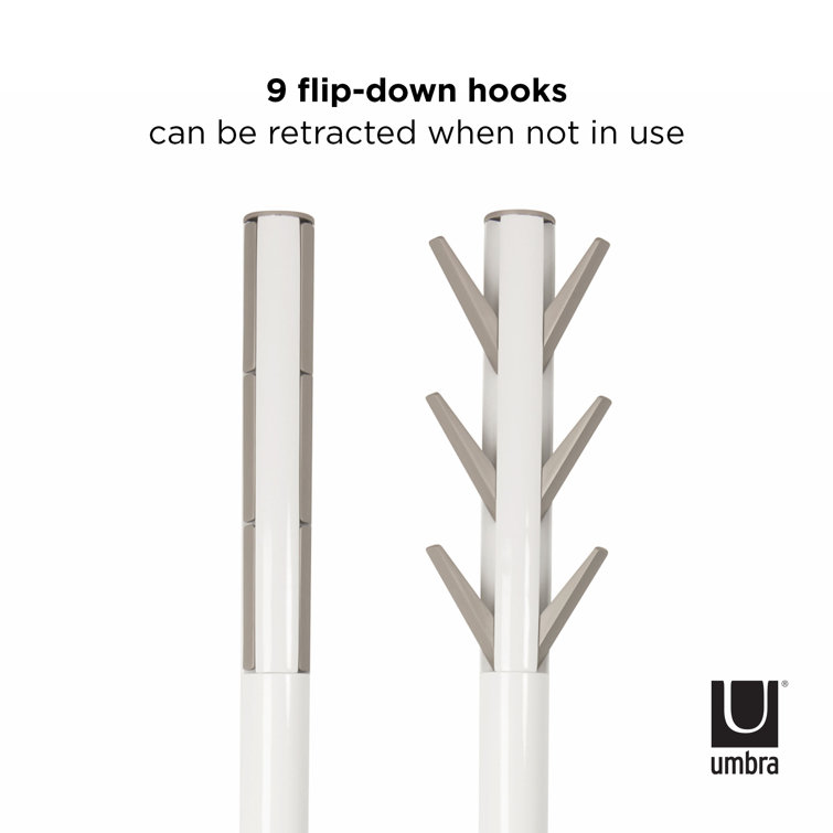 Sleek Flapper 9-Hook White Wooden Freestanding Coat Rack