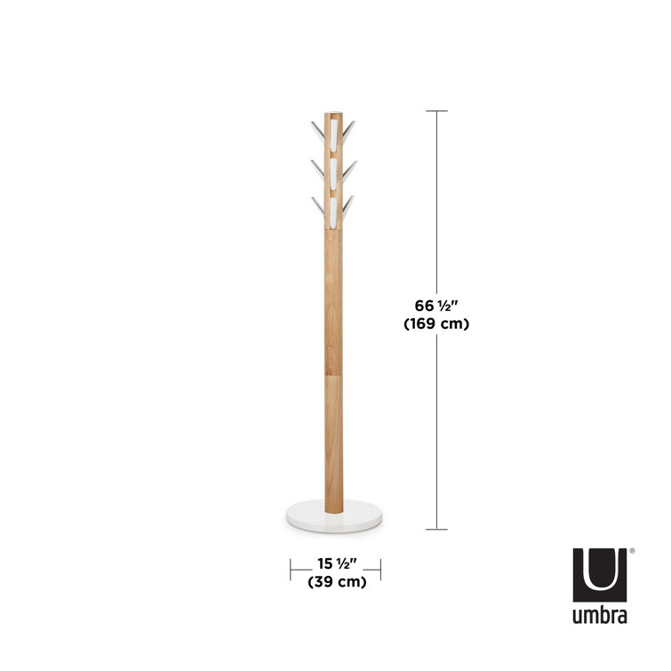Sleek Modern White/Natural Rubberwood 9-Hook Coat Stand