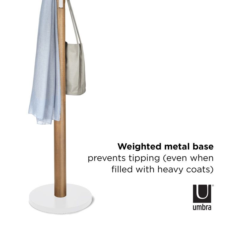 Sleek Modern White/Natural Rubberwood 9-Hook Coat Stand