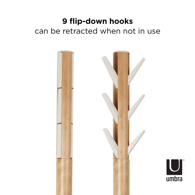 Sleek Modern White/Natural Rubberwood 9-Hook Coat Stand