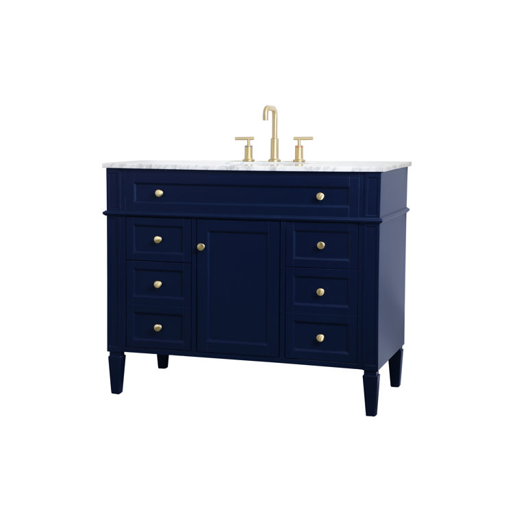 Blue Solid Wood MDF Marble Single Bathroom Vanity with Gold Hardware