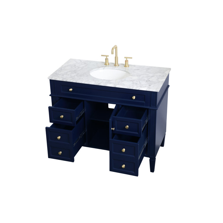 Blue Solid Wood MDF Marble Single Bathroom Vanity with Gold Hardware